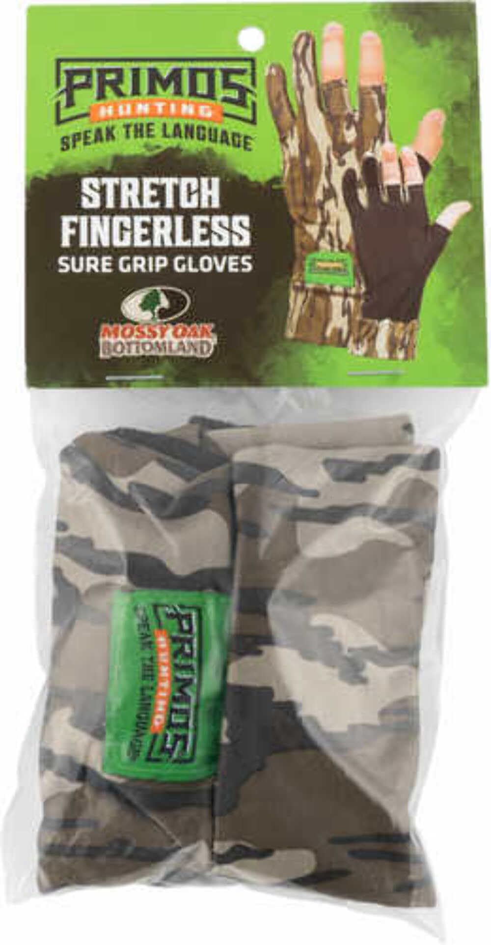 PRIMOS stretch fingerless gloves in Bottomland camo for dexterity during hunting