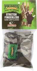 PRIMOS stretch fingerless gloves in Bottomland camo for dexterity during hunting