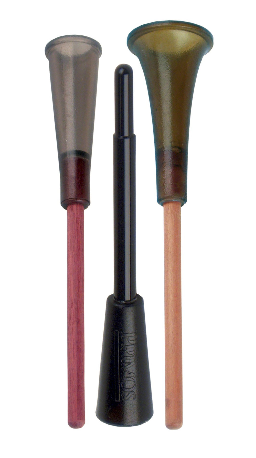 PRIMOS three-pack turkey call strikers with Purple Heart, GraveDigger, and Wet Weather Acrylic for versatile field calling.