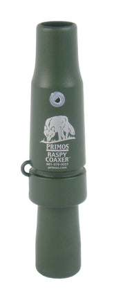 PRIMOS Raspy Coaxer Call in green, front view, showcasing two-call versatility for varied hunting distances.