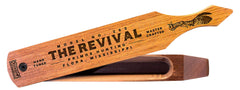 Primos Revival wood grain box call with paddle and trough for loud locating yelps
