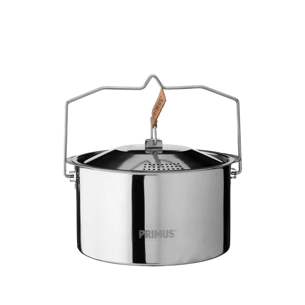 Primus Campfire Pot 3L over a crackling fire, ideal for outdoor stews and boiling water.