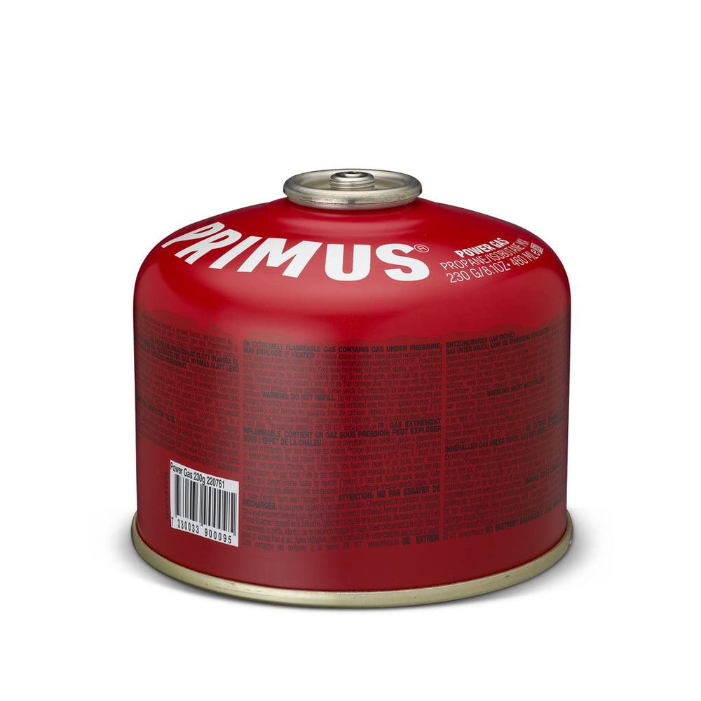 Primus P-220793 230g power gas canister front view, reliable camping fuel in a compact design