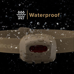 Princeton Tec Quad headlamp illuminated beams, showing wide coverage at night.