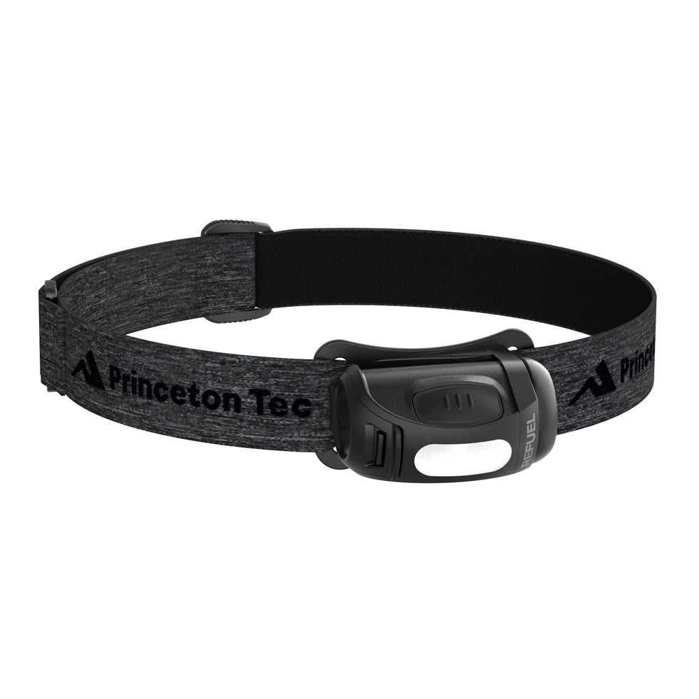 Princeton Tec Refuel 300 headlamp worn on head for hands-free camping lighting.