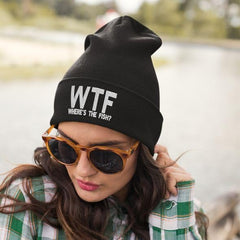 Printbox Originals WTF Wheres The Fish beanie with embroidered slogan makes a playful gift for anglers.