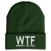 Printbox Originals WTF Wheres The Fish beanie with green embroidery keeps anglers warm on cool mornings.