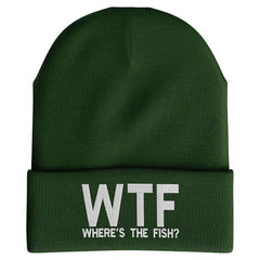 Printbox Originals WTF Wheres The Fish beanie with green embroidery keeps anglers warm on cool mornings.