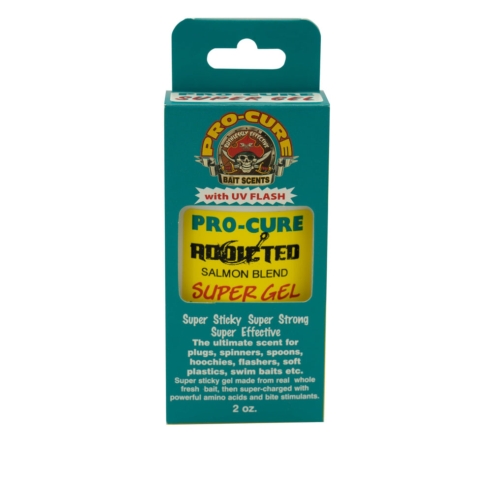 Pro-Cure Addicted Salmon Gel Blend bottle demonstrates potent attractant for salmon fishing.