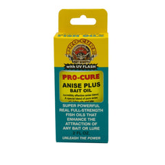 Pro-Cure Anise Plus Bait Oil in a clear bottle enhances lure appeal for bites