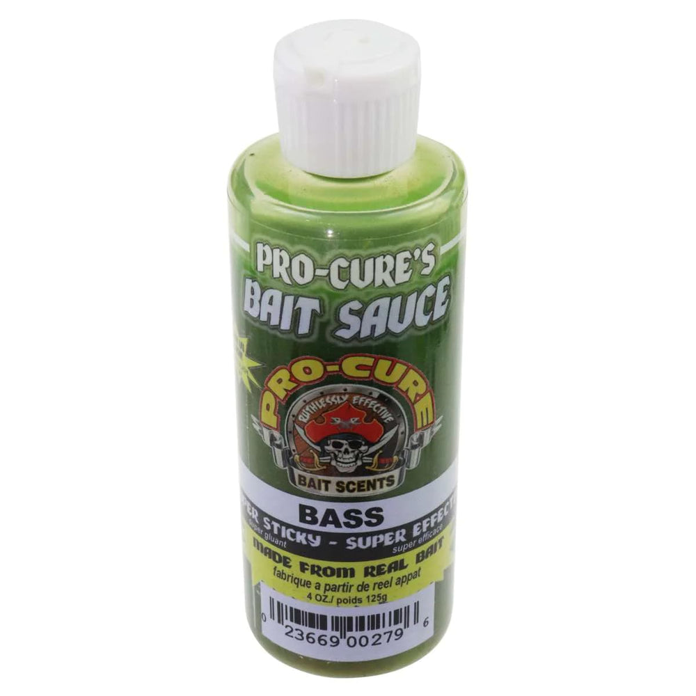 Pro-Cure Bass Bait Sauce on a lure, highlighting strong scent and ultra-sticky formula
