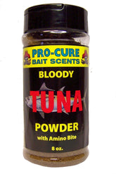 Pro-Cure Bloody Tuna Powder 8oz brown bottle with vivid bait color
