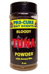 Pro-Cure Bloody Tuna Powder 8oz brown bottle with vivid bait color