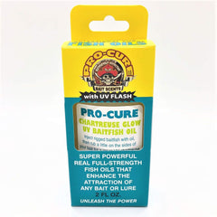 Pro-Cure Chartreuse Glow UV baitfish oil bottle highlights chartreuse scent for stronger bites