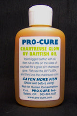 Pro-Cure Chartreuse Glow UV baitfish oil label emphasizes UV enhancement for visibility