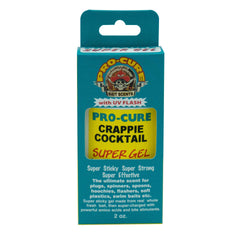 Pro-Cure Crappie Cocktail Super Gel bottle showing UV-enhanced formula for fish attraction.