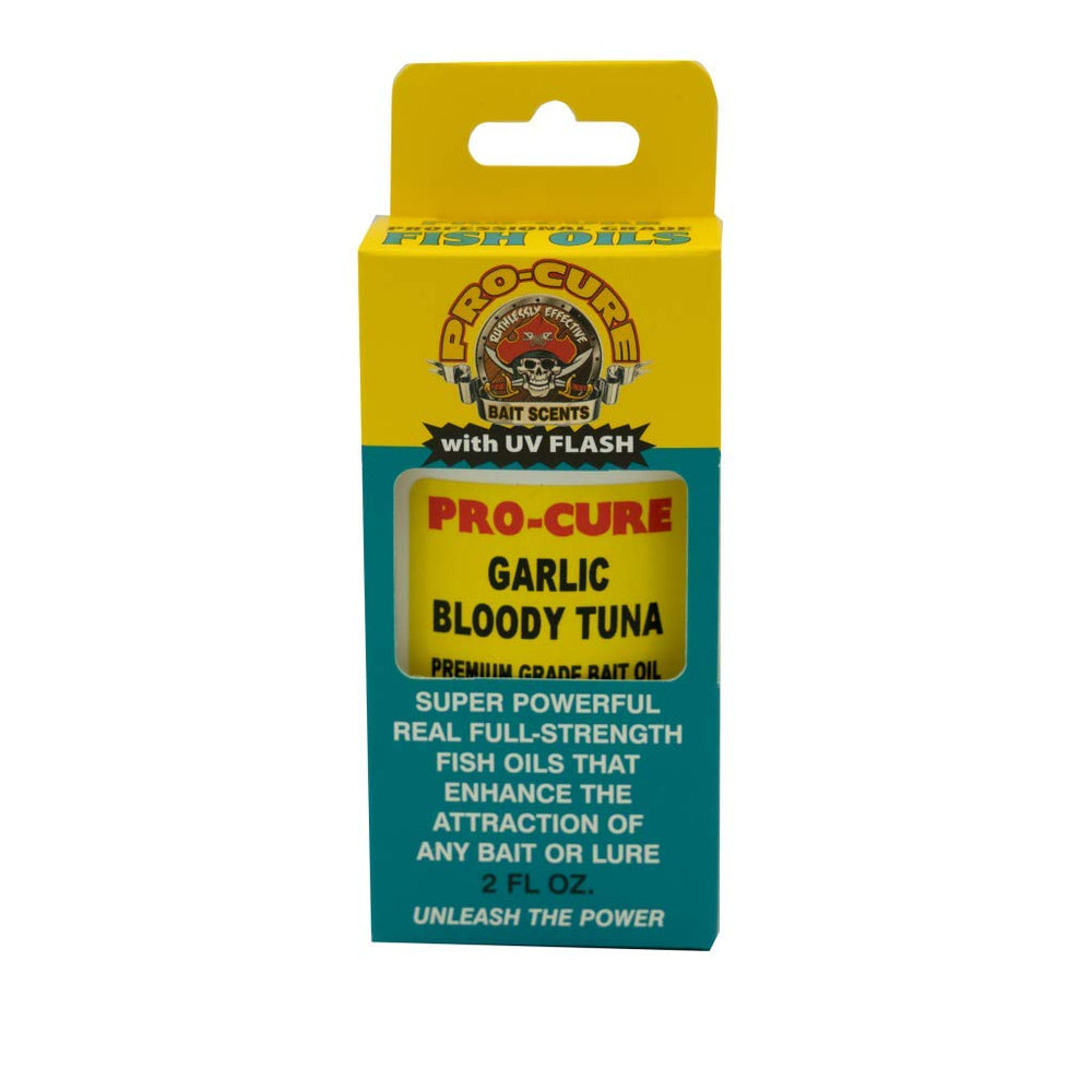 Pro-Cure Garlic Bloody Tuna Bait Oil bottle shown, ready to marinate or inject potent bite stimulants.