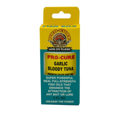 Pro-Cure Garlic Bloody Tuna Bait Oil bottle shown, ready to marinate or inject potent bite stimulants.