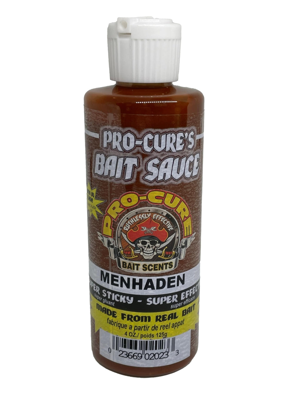 Pro-Cure Menhaden Bait Sauce bottle enhances scent for saltwater game fish.