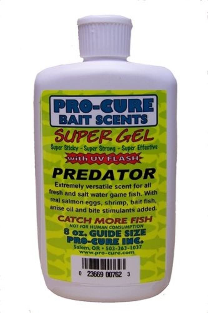 Pro-Cure Predator Super Gel 8oz bottle, UV-enhanced scent for spoons and spinners.