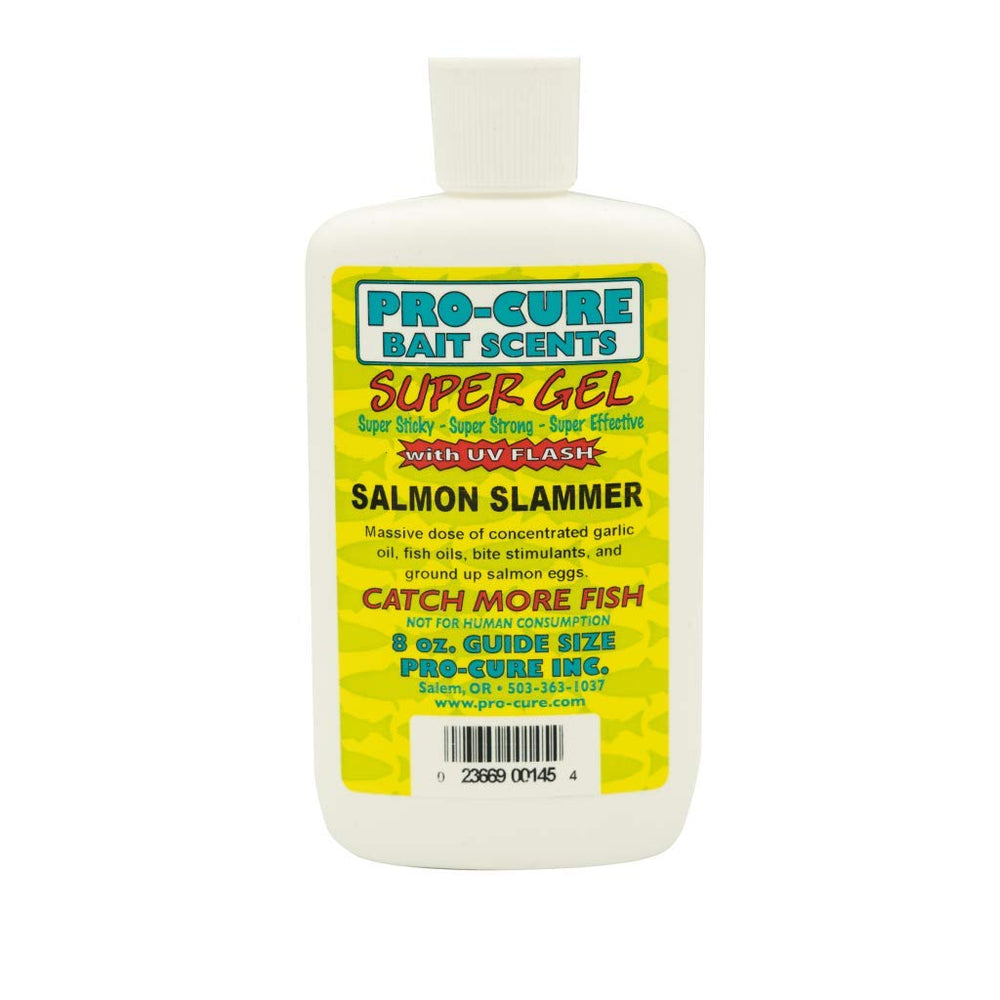 Pro-Cure Salmon Slammer Super Gel bottle pouring onto a lure to attract bites.