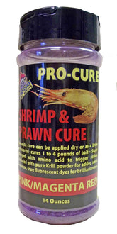 Pro-Cure shrimp cure in pink bottle boosts bait scent for longer-lasting attractiveness