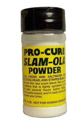 Pro-Cure Slam-Ola Powder bottle enhances salmon scent for stronger bites.
