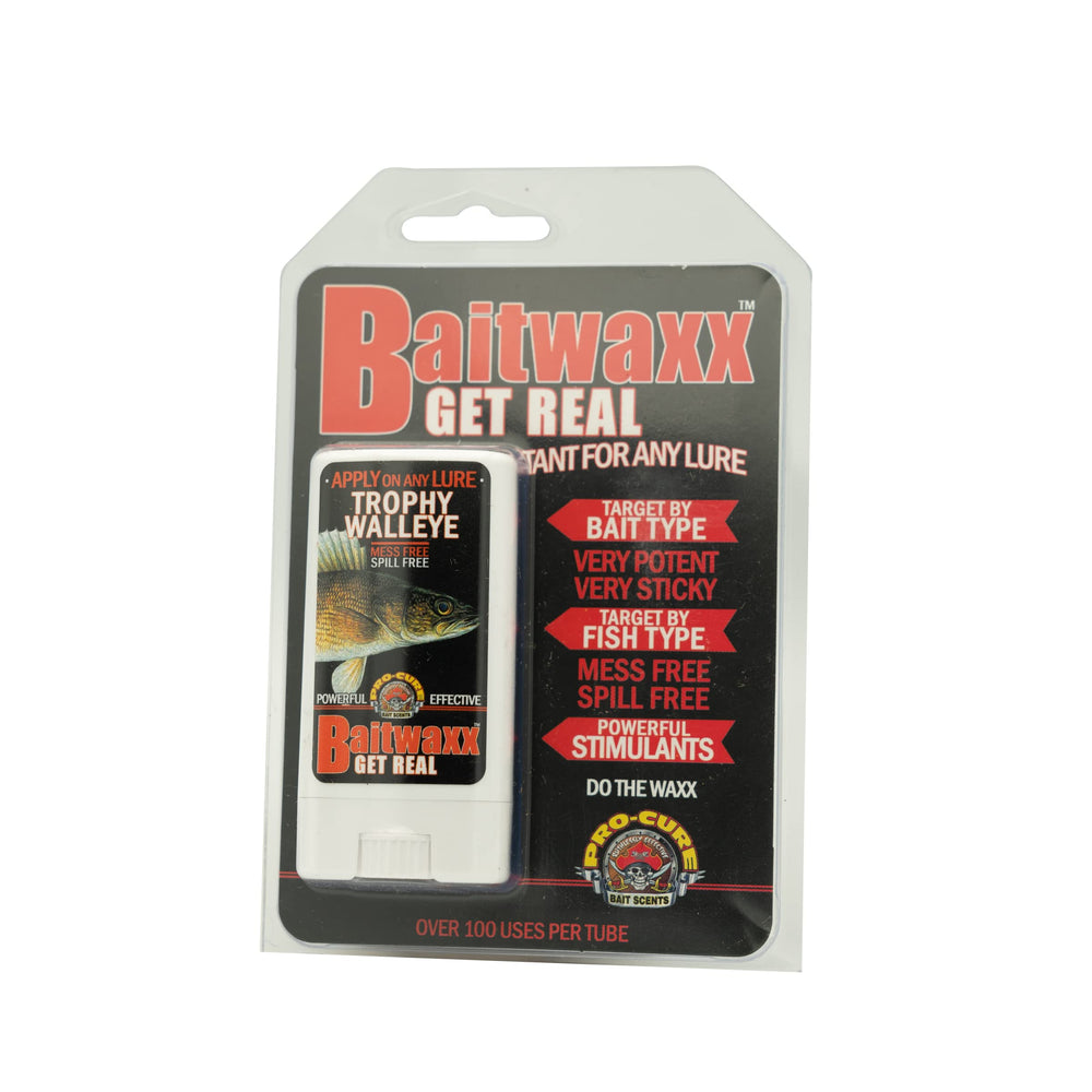 Pro-Cure Trophy Walleye Bait Waxx jar showcasing long-lasting amino acid scent for lures.