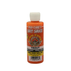 Pro-Cure Trout Bait Sauce orange bottle shows ultra-sticky formula for lures.