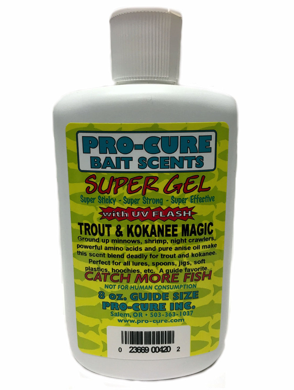 Pro-Cure Trout & Kokanee Magic Super Gel bottle showing UV visibility and aroma for improved lure appeal.