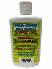 Pro-Cure Trout & Kokanee Magic Super Gel bottle showing UV visibility and aroma for improved lure appeal.