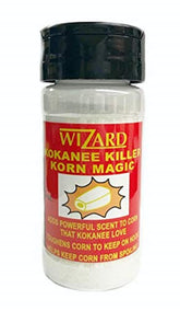 Pro-Cure Wizard Kokanee Korn Magic bottle close-up showing its strong corn scent for kokanee fishing.
