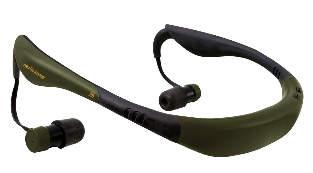 Pro Ears Stealth 28 front view showing the discreet behind-the-head design for secure wear