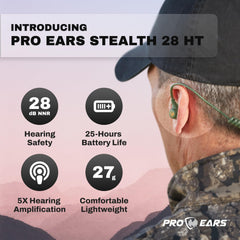 Pro Ears Stealth 28 HT Green worn with glasses demonstrates comfortable all-day wear