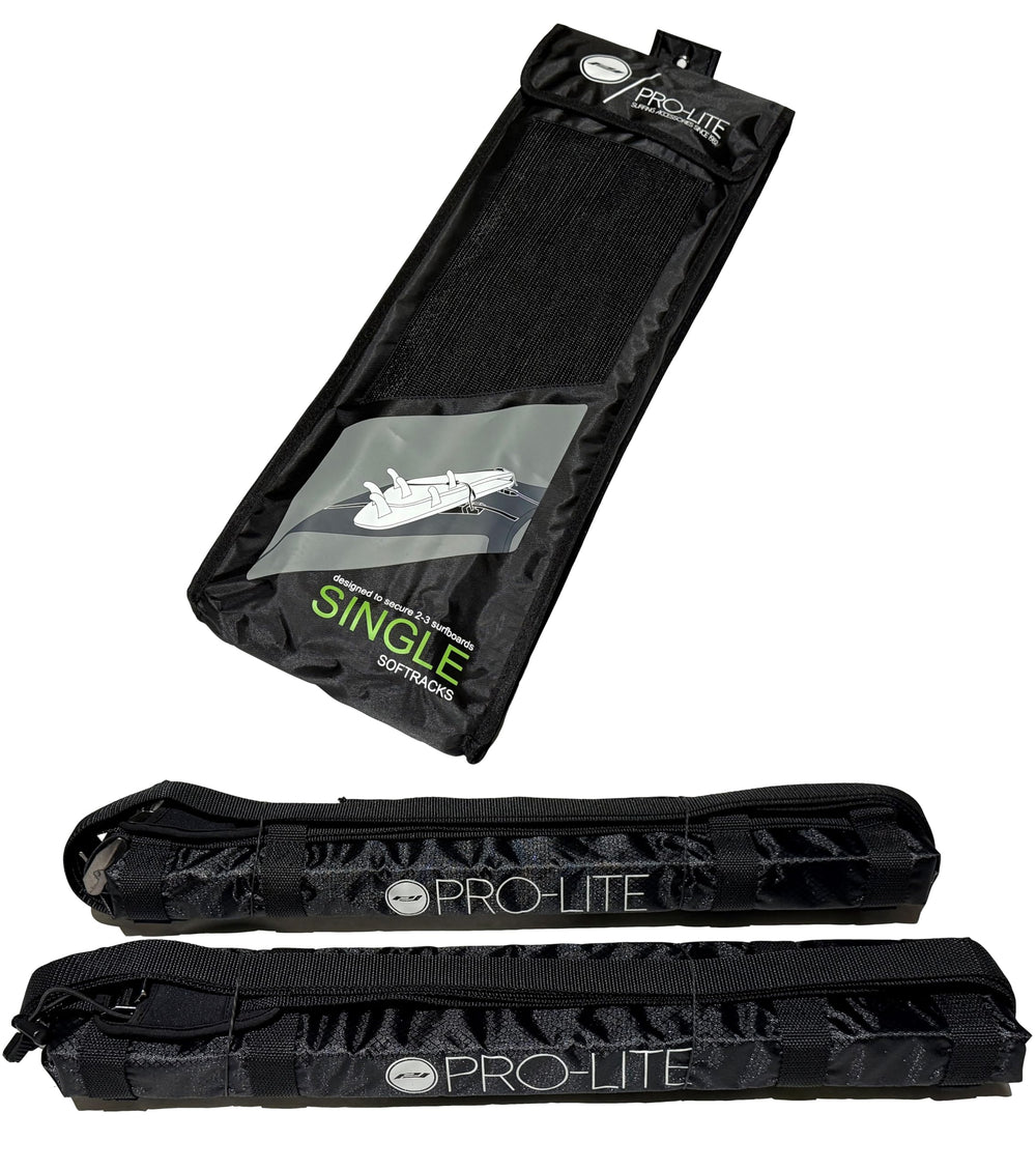 Pro-Lite single-row soft roof rack base mounted on car for secure board transport