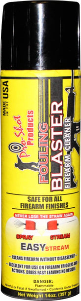 Pro Shot D-14 fouling blaster bottle demonstrates fast-acting firearm degreaser.