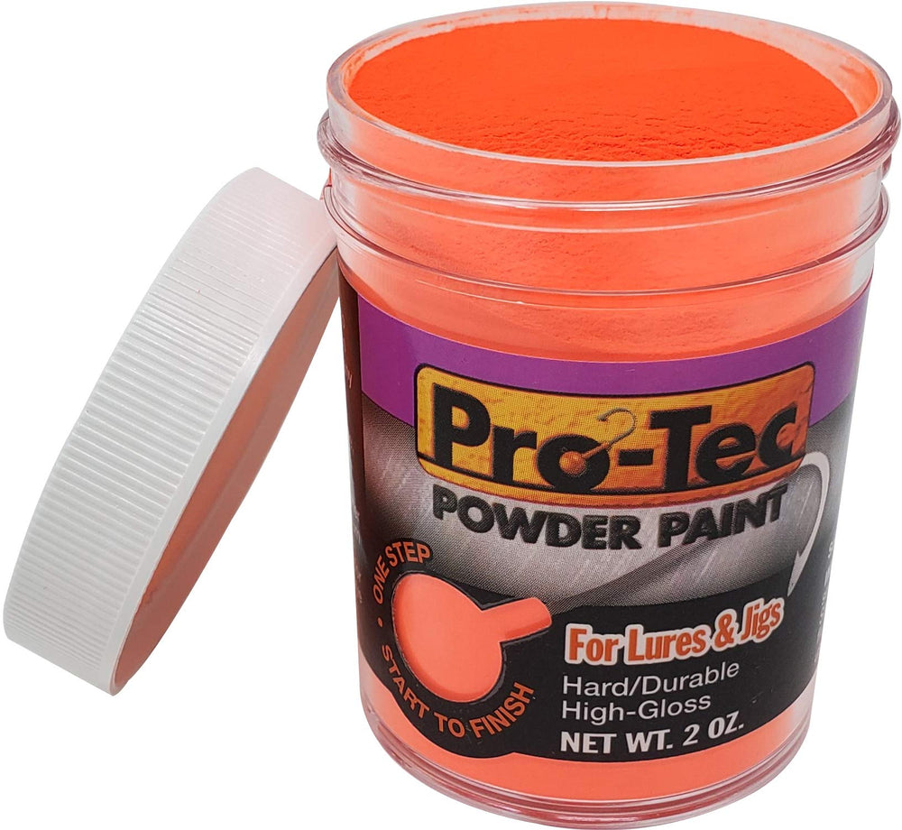 Pro-Tec Flame Red powder paint jar ready to coat jig lures in seconds