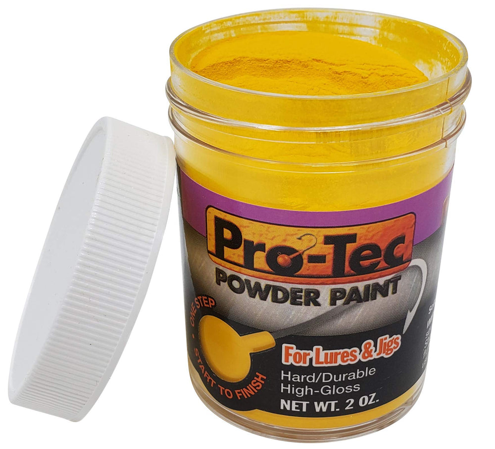 Pro-Tec yellow powder paint jar provides a bright, glossy finish for jigs and lures.