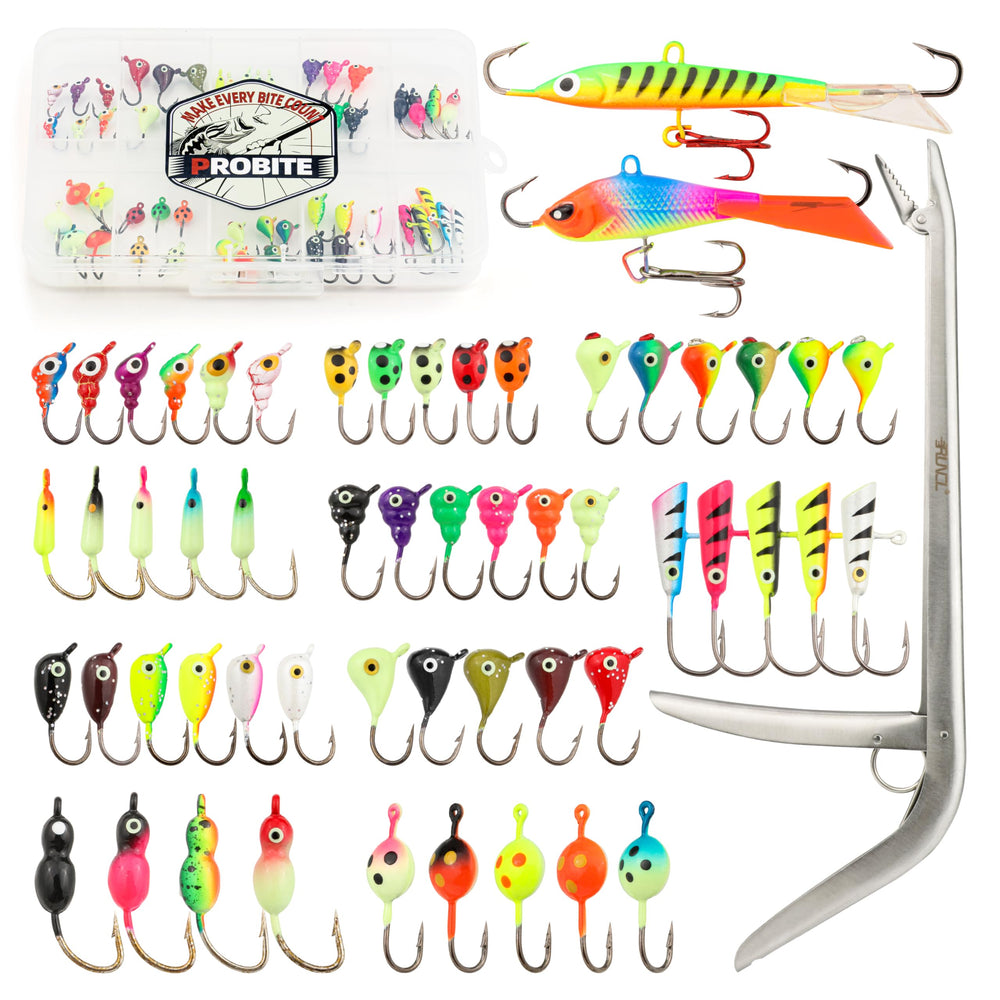 PROBITE 56-piece ice fishing kit overview with lures and tackle box