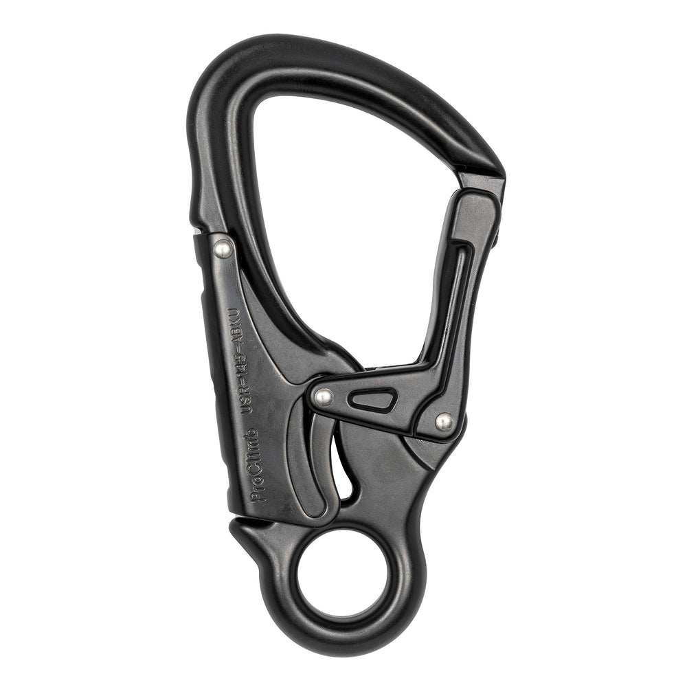 ProClimb forged aluminum carabiner snaphook top view; lightweight and easy rigging.