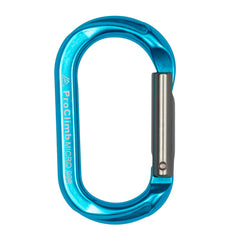 ProClimb blue oval straight gate carabiner side view supports lightweight gear organization.