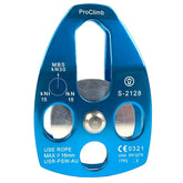 ProClimb rope swivel pulley front view with single sheave for smooth reeving.