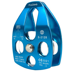 ProClimb aluminum pulley with swing-open plates for quick rope installation.