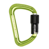 ProClimb triple-lock Modified-D carabiner, green close-up showing secure gate action for reliable climbing.