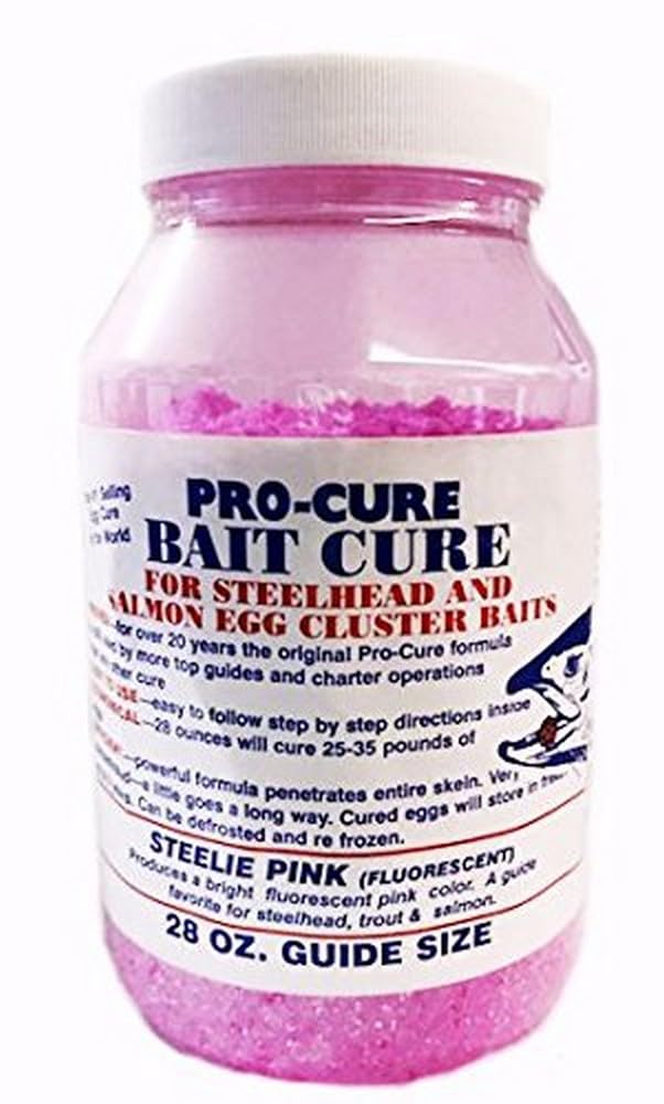 Pro-Cure Original Egg Cure bottle in Steelie Pink, ready for steelhead fishing