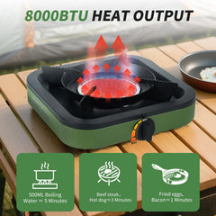 Propane portable camping stove single burner image highlights quick-connect gas hose for easy setup.