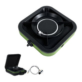 Propane portable camping stove with square design demonstrates compact setup for outdoor cooking.
