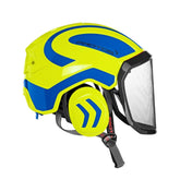 Protos GmbH Integral Arborist Helmet front view in neon yellow and blue for full head protection.