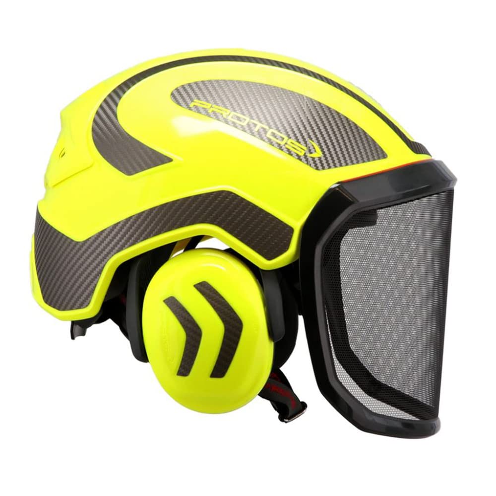 Protos integral arborist helmet in hi-vis yellow with carbon shell offers enhanced protection.