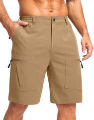 Pudolla men's hiking cargo shorts 9-inch dark khaki front view showing lightweight comfort for travel and outdoors.